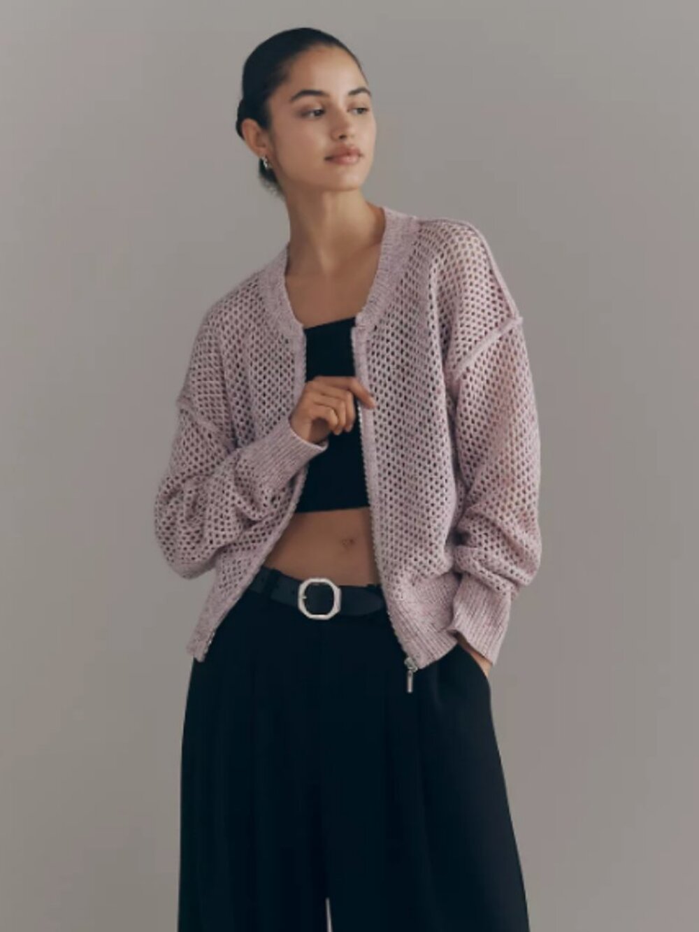 Anthropologie Pilcro Juniper Open-Knit Bomber Cardigan in Color Scallop Shell